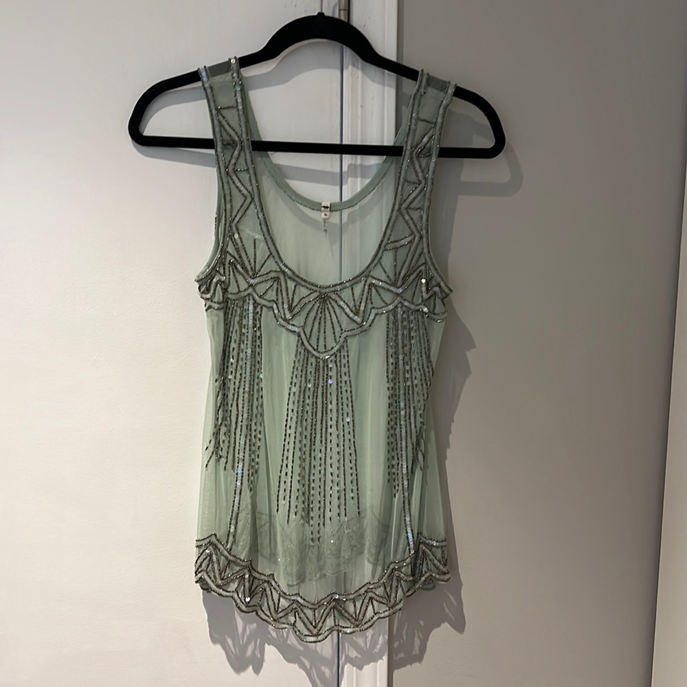 Willow & Clay Mint Semi Sheer Mesh Beaded Sequin Tank Top Womens